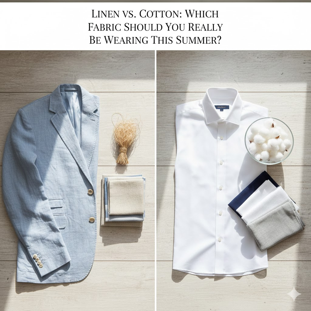 The Fabric Education (Quality Proof) To enhance your blog post on fabric education, you can use the following image attributes based on the visual elements in your photo. These details help highlight the quality and authenticity of your materials:
Visual Attributes & Technical Details
Photography Style: The image uses flat lay photography (also known as a bird’s-eye view), captured at a 90-degree angle to provide an undistorted, clean view of the garments.
Fabric Textures:
Linen Blazer: The light blue blazer showcases characteristic "slubbing"—subtle, irregular variations in the weave that signal authentic linen derived from the flax plant.
Cotton Shirt: The white shirt features a smooth, even texture and a structured collar, representing the classic, polished look of high-quality cotton.
Educational Props: * Raw Flax Bundle: Positioned next to the blazer, this bundle of dried flax stalks visually connects the finished garment to its natural source.
Cotton Bolls: The bowl of raw cotton bolls emphasizes the plant-based origin and purity of the shirt