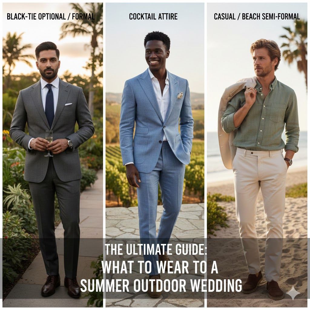 The "Dress Code" Solution
To optimize these images for your website and improve search visibility, use the following attributes:

Image 1: Smart Casual/Outdoor Cocktail Look
Alt Text: A man wearing a navy textured blazer, crisp white shirt, tailored beige chinos, and dark brown tassel loafers standing against a Mediterranean coastal backdrop.

Image Description: Professional lifestyle shot showcasing a versatile summer wedding outfit that balances casual comfort with sophisticated tailoring.

Filename: the-dress-code-solution-summer-outdoor-wedding.jpg

Caption: The "Dress Code" Solution: Pairing a navy blazer with neutral tones is a timeless choice for coastal or garden weddings.

Image 2: Summer Wedding Comparison Guide
Alt Text: A visual guide titled "The Ultimate Guide: What to Wear to a Summer Outdoor Wedding" showcasing three levels of formality: Black-Tie Optional, Cocktail Attire, and Casual/Beach Semi-Formal.

Image Description: A vertical infographic comparing a dark grey suit with a tie, a light blue suit with an open collar, and a linen shirt with beige trousers for outdoor events.

Filename: ultimate-guide-summer-wedding-dress-codes.png

Caption: From Black-Tie Optional to Beach Semi-Formal, finding The "Dress Code" Solution starts with understanding the venue and the vibe.