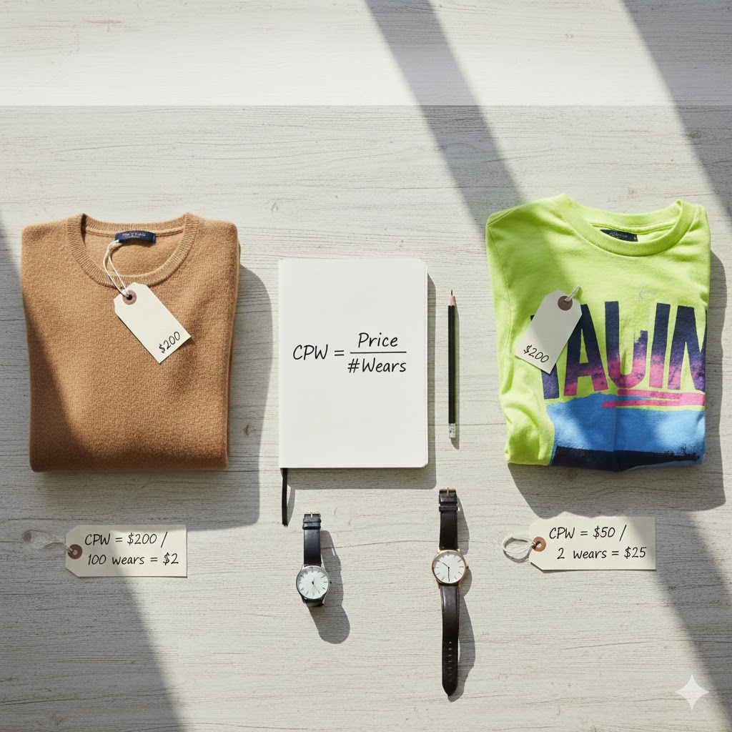 Cost Per Wear Explained | Smart Capsule Wardrobe for Men

Alt Text (Accessibility + SEO)

Cost per wear comparison between premium knitwear and graphic sweatshirt showing smart capsule wardrobe choices for men

Image Description

An educational visual explaining the concept of Cost Per Wear (CPW) in men’s fashion. The image compares a premium neutral sweater and a graphic sweatshirt, highlighting how quality, versatility, and repeated use make timeless menswear more cost-effective.

Caption (Optional)

Cost Per Wear proves why investing in timeless, high-quality menswear is smarter than chasing fast fashion.

File Name (Recommended)

cost-per-wear-capsule-wardrobe-menswear.png

SEO Keywords / Tags

Cost per wear menswear

Capsule wardrobe for men

Smart fashion investment

Quiet luxury clothing

Premium men’s wear India

Sustainable mens fashion