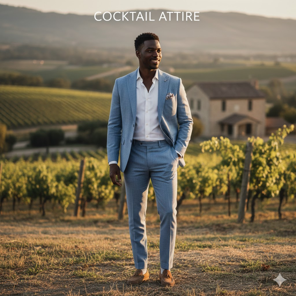 Summer Wedding Comparison Guide
Alt Text: A visual guide titled "The Ultimate Guide: What to Wear to a Summer Outdoor Wedding" showcasing three levels of formality: Black-Tie Optional, Cocktail Attire, and Casual/Beach Semi-Formal.

Image Description: A vertical infographic comparing a dark grey suit with a tie, a light blue suit with an open collar, and a linen shirt with beige trousers for outdoor events.

Filename: ultimate-guide-summer-wedding-dress-codes.png

Caption: From Black-Tie Optional to Beach Semi-Formal, finding The "Dress Code" Solution starts with understanding the venue and the vibe.